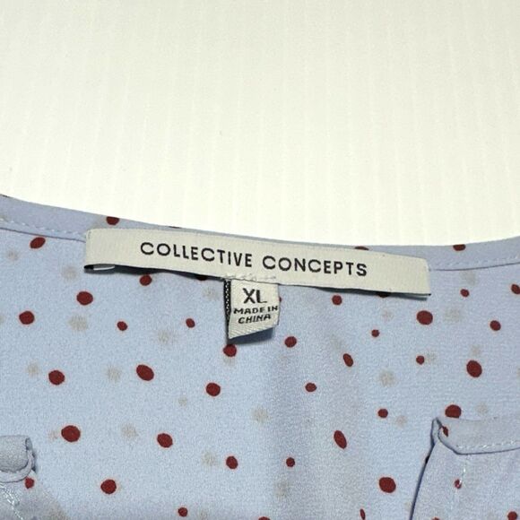 Collective Concepts Womens Blue Red Polka Dot Blouse Split Neck Popover Size XL - Picture 5 of 10
